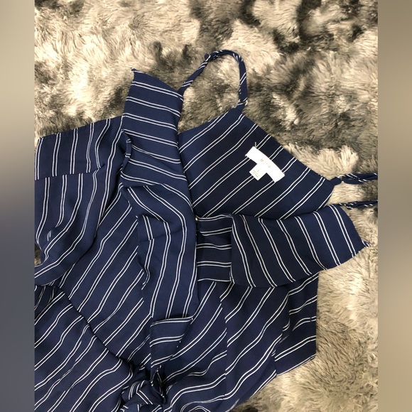 NAVY BLUE WHITE STRIPES SPAGHETTI STRAP WRAPPED BUSINESS CASUAL RUFFLE DRESS - Picture 7 of 11